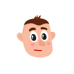 Male head with troubled, confused, worried face expression, big eyes, raised eyebrows, cartoon vector illustration on white background. Funny cartoon male head with neutral, worried face expression