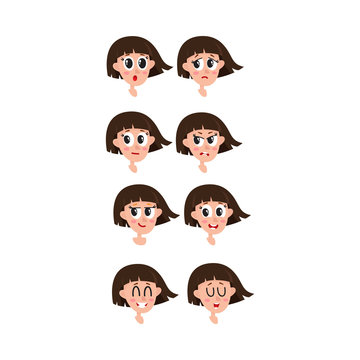 Set, collection of dark brown hair woman, girl face expressions, heads, avatars, cartoon vector illustration on white background. Funny cartoon female heads and emotions, avatars