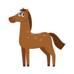 Well gromed brown horse with big eyes, cartoon vector illustration isolated on white background. Cute and funny farm horse with friendly face and big eyes