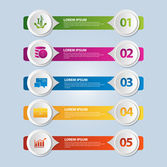Obraz premium Vector illustration. An infographic template with 5 steps and an image of five rectangles and circles. Use for business presentations, education, web design. Place for text and icons