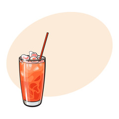 Tall glass full of freshly squeezed cold grapefruit juice with ice and straw, sketch style vector illustration with space for text. .Hand drawn glass of grapefruit juice with ice