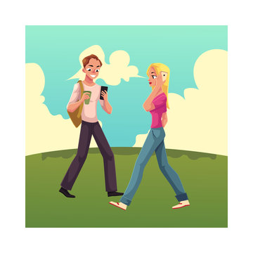 Young man and woman using smartphone on the grass, mobile phone on the go, cartoon vector illustration isolated on white background. Full length portrait of man and woman, boy and girl walking