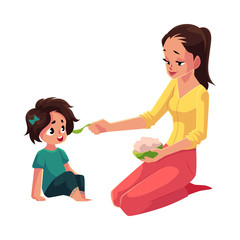 Mother spoon feeding her little daughter sitting on the floor, cartoon vector illustration isolated on white background. Mother, mom holding bowl of porridge, feeding her daughter sitting on the floor