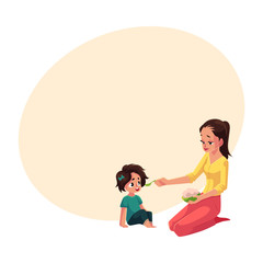 Mother spoon feeding her little daughter sitting on the floor, cartoon vector illustration with space for text. Mother, mom holding bowl of porridge, feeding her daughter sitting on the floor