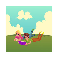 Obraz na płótnie Canvas Two girls, one reading book, another playing with mobile phone, lying on the grass, cartoon vector illustration isolated on white background. Women, girls reading book and using smartphone