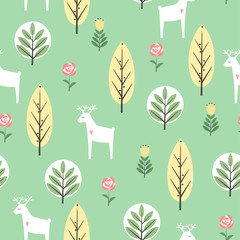 Spring trees, flowers and deer seamless pattern on mint green background. Decorative forest vector illustration. Cute animals nature background. Scandinavian style design for textile, fabric, decor