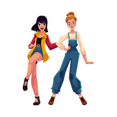 Two girls, women in 1990s, nineties style clothes, dancing disco, cartoon vector illustration isolated on white background. Girls, women in 90s style clothing dancing at retro disco party