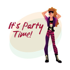 Glam rock party invitation, banner poster template with young man dressed in vest and boots, cartoon vector illustration. Glam rock party invitation banner, poster layout with rock star man