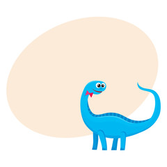 Cute and funny smiling baby brontosaurus, dinosaur, cartoon vector illustration with space for text. Funny, happy brontosaurus dinosaur character, decoration element