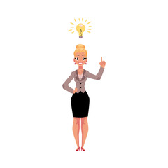 Young businesswoman having idea, light bulb as symbol of business insight, cartoon vector illustration isolated on white background. Businesswoman, business woman has just got idea, inspiring thought