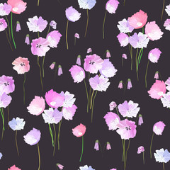 Abstract seamless pattern with isolated hand drawn flowers on da