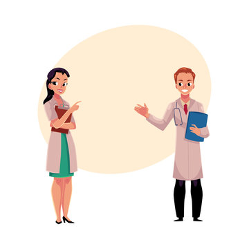 Male and female doctors in white medical coats, woman pointing to man with stethoscope, cartoon vector illustration with space for text. Full length portrait of two doctors with clipboards