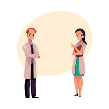 Male and female doctors in white medical coats, man with arms folded, woman pointing right, cartoon vector illustration with space for text. Full length portrait of two doctors, front view