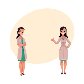Two female, woman doctors in white medical coats, one with arms folded, another showing thumb up, cartoon vector illustration with space for text. Full length portrait of two female doctors