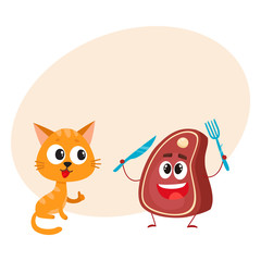 Funny red cat, kitten character looking at meat, steak holding fork and knife, cartoon vector illustration with space for text. Funny red cat, kitten character and piece of steak