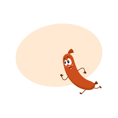 Cute and funny sausage character with human face running, hurrying somewhere, cartoon vector illustration with space for text. Sausage character, mascot, running fast