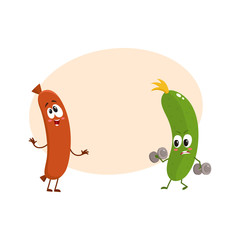 Funny food characters, zuccini versus sausage, healthy lifestyle concept, cartoon vector illustration with space for text. Zuccini doing fitness and laughing sausage characters, mascots