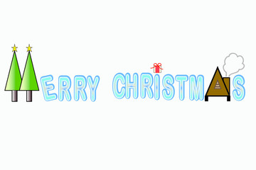 Merry Christmas cute words with Christmas trees, gift box, house with chimney. vector. illustration    