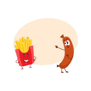 Funny laughing french fries character and sausage pointing to it with, fast food concept, cartoon vector illustration with space for text. Sausage and french fries characters, mascots