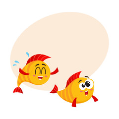 Two funny, smiling, crazy golden fish characters swimming together, cartoon vector illustration with space for text. Yellow fish characters, mascots, friends
