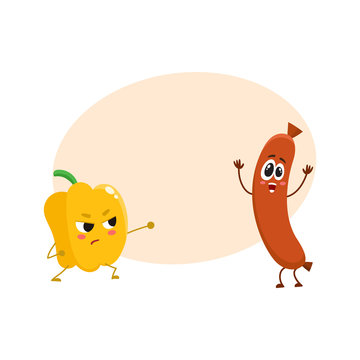 Funny food characters, pepper versus sausage, healthy lifestyle concept, cartoon vector illustration with space for text. Bell pepper fighting sausage characters, mascots, food infographics