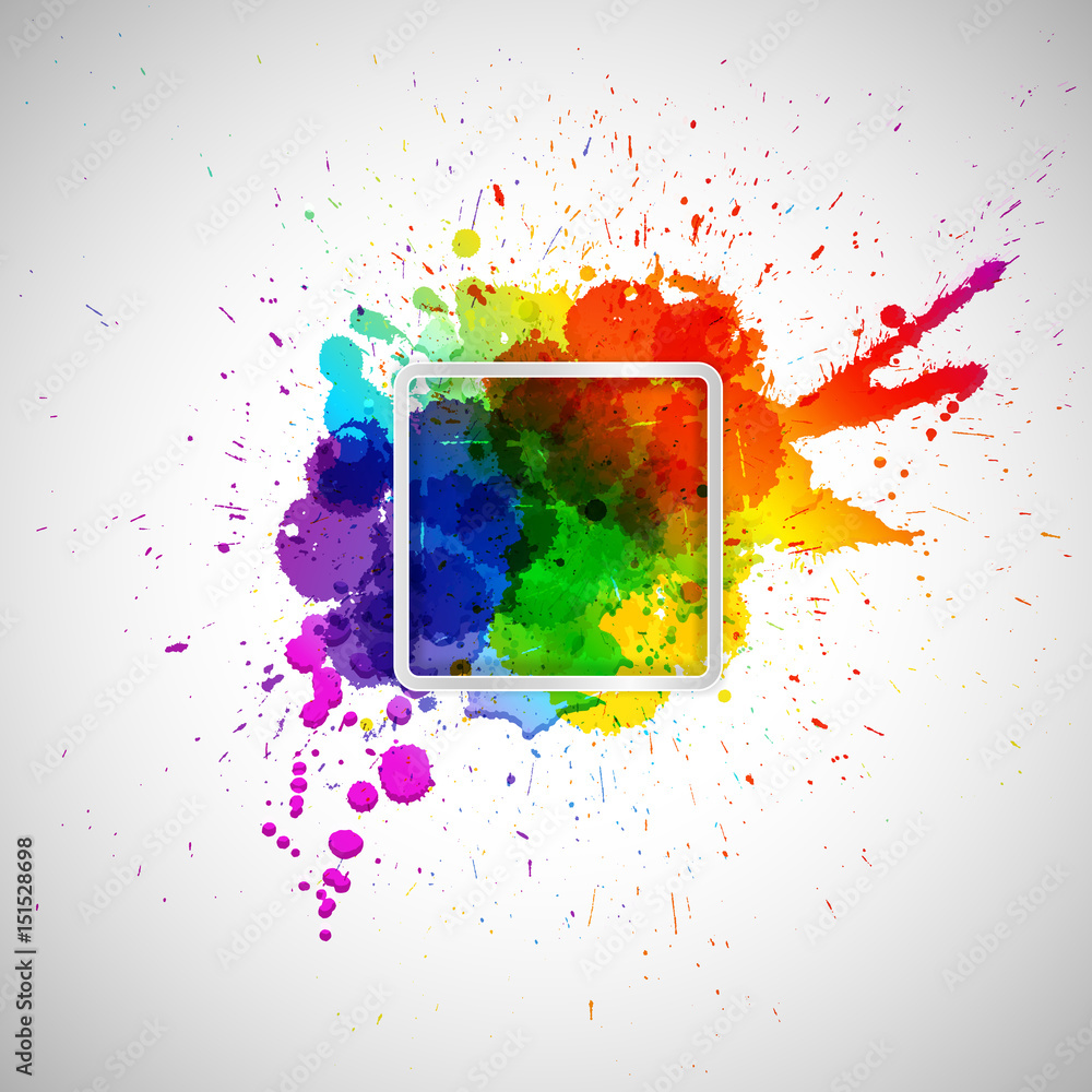 Poster abstract background with colorful paint stains and frame for your text, design elements.