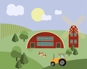 Farm with animals, tractor, mill agriculture illustration vector