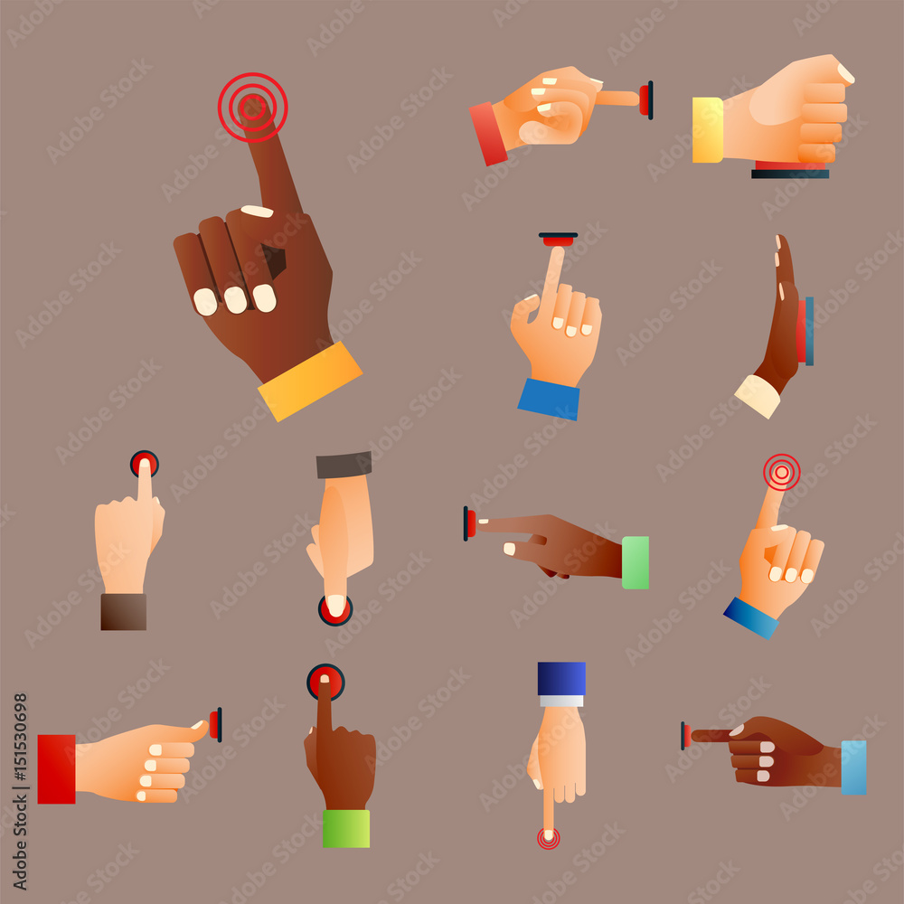 Aufkleber hand press red button finger press control push pointer gesture human body part vector illustration.