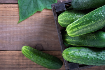 Cucumbers close-up in a wooden box on an old wooden table with copy space
