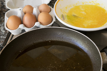 ingredients and tools for omelette or fryings