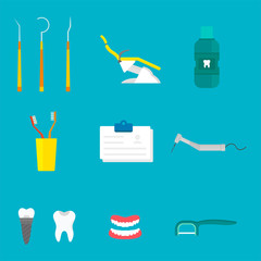Flat health care dentist medical tools medicine instrument hygiene stomatology vector illustration.