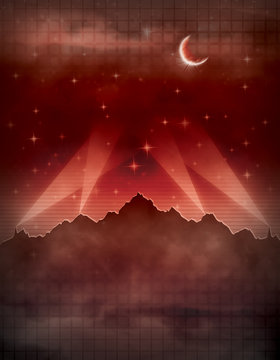 Alien Planet with Starry Sky - Eye-catching alien landscape with mountains rising into a starry red sky.