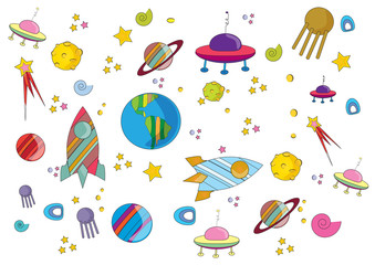 Drawing  space, moon, star, abstract, rocket, planet