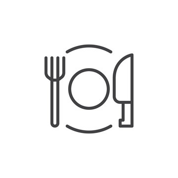 Dish fork and knife line icon, outline vector sign, linear style pictogram isolated on white. Restaurant symbol, logo illustration. Editable stroke. Pixel perfect