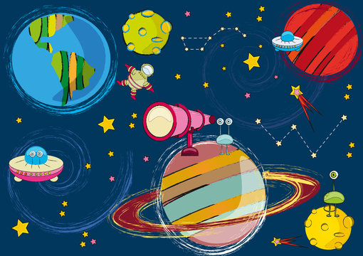 drawing space, planet, moon, spaceman