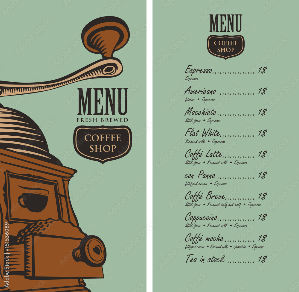 Poster template vector menu for a coffee shop with a picture coffee grinder and a price list in retro style