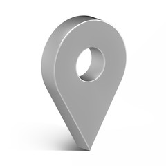 Grey glossy map pin with shadow. concept of tagging, center, landmark badge, tip, trip, needle, route build, locate. Isolated on white background