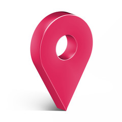 Pink glossy map pin with shadow. concept of tagging, center, landmark badge, tip, trip, needle, route build, locate. Isolated on white background