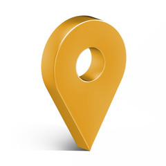 Yellow glossy map pin with shadow. concept of tagging, center, landmark badge, tip, trip, needle, route build, locate. Isolated on white background