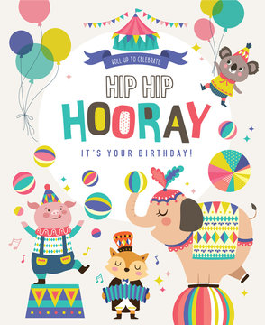 Birthday card with circus cartoon animals