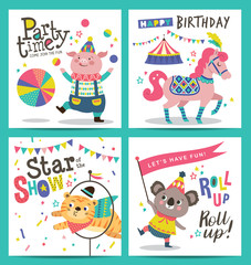 Set of birthday card with circus cartoon animals