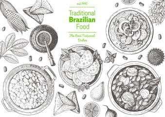 Brazilian cuisine top view frame. Brazilian food menu design with farofa, moqueca, feijoada, meat pastry and mate tea. Vintage hand drawn sketch vector illustration.