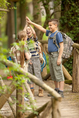 kids scouts traveler with backpack hiking bridge in forest