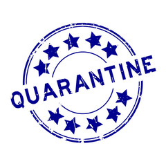 Grunge blue quarantine with star icon round rubber seal stamp on white background