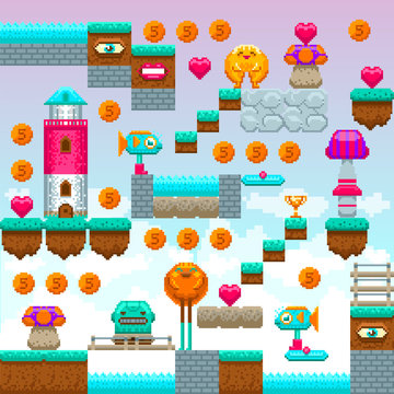 Pixel game interface. Pixel art. Video arcade game elements. Vector illustration. Pixel blocks to construct original game level.