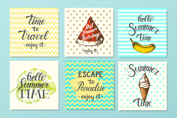 Vector set of cards. Summer hand made Lettering. Sketch, hand drawn objects