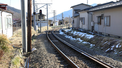 Fototapeta na wymiar train railway in winter, Fujiyoshida