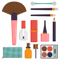 Makeup icons perfume mascara care brushes comb faced eyeshadow glamour female accessory vector.