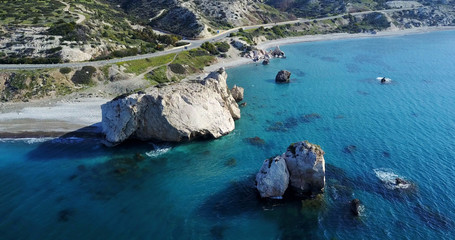  The bay of Aphrodite. Coast, beach, sea, rocks. Cyprus. Mediterranean Sea Place for travel and rest. health resort