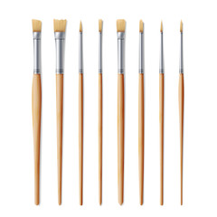 Realistic Artist Paintbrushes Set. Fan, Flat, Angle Brush. Watercolor, Acrilic Or Oil Brushes With Light Wooden Handle, Metal Ferrule And Sable, Synthetic Or Nylon Bristle. Vector Illustration